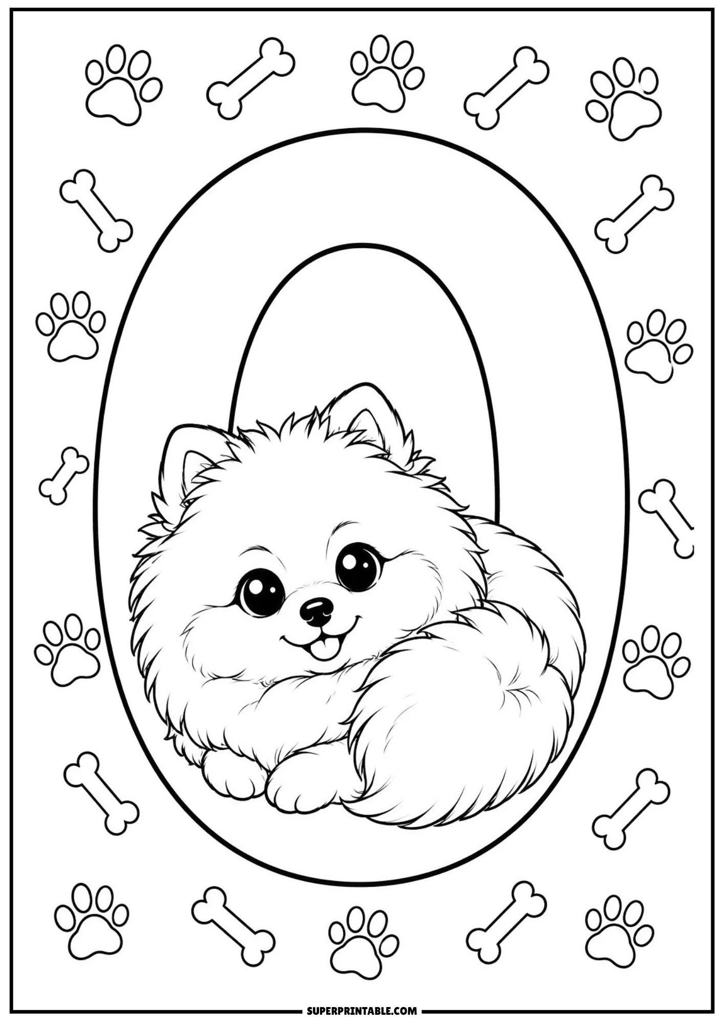 Black line art of a fluffy Pomeranian puppy resting inside number 0 with bone and paw icons.