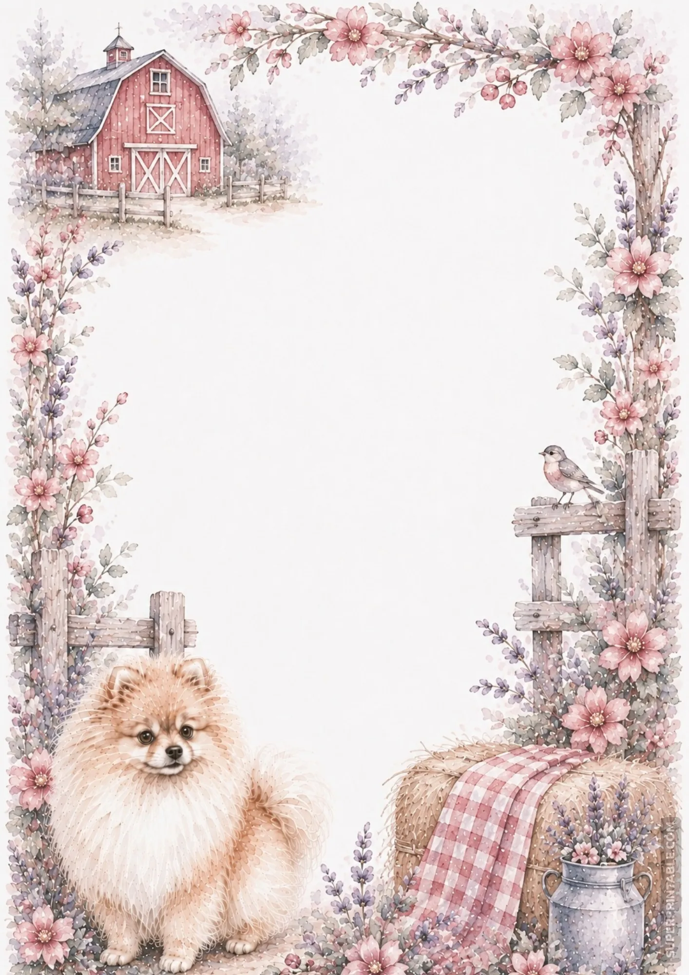 Fluffy Pomeranian on a farmyard path near a red barn, hay bale, milk can, and wooden fence.