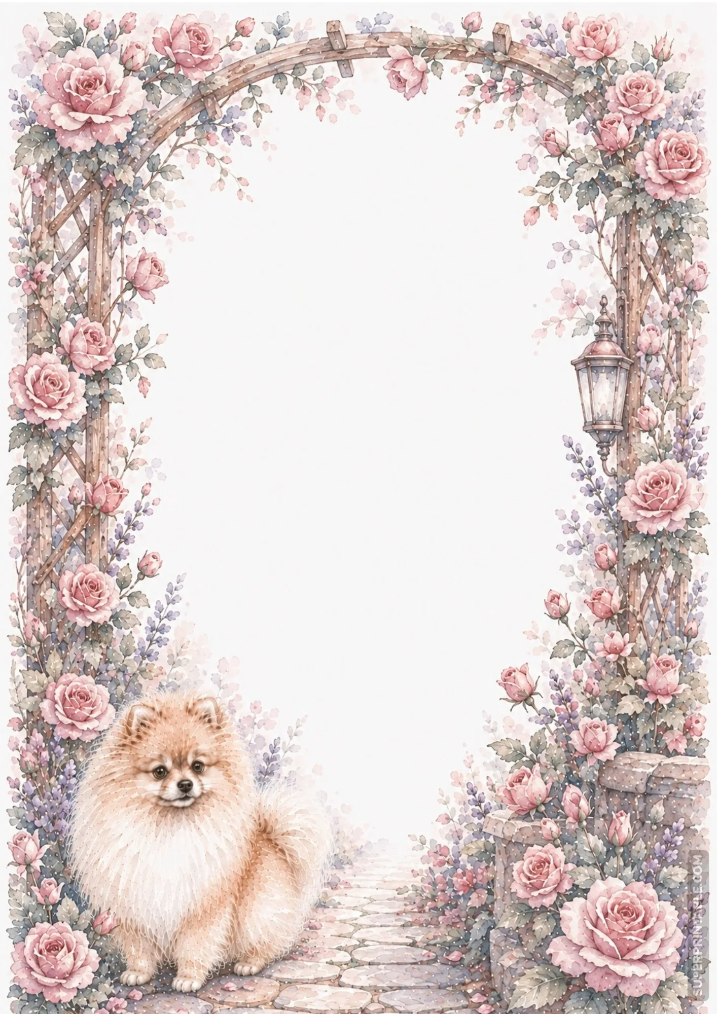 Small Pomeranian sitting in front of a blooming pink rose trellis with an arched wooden arbor.