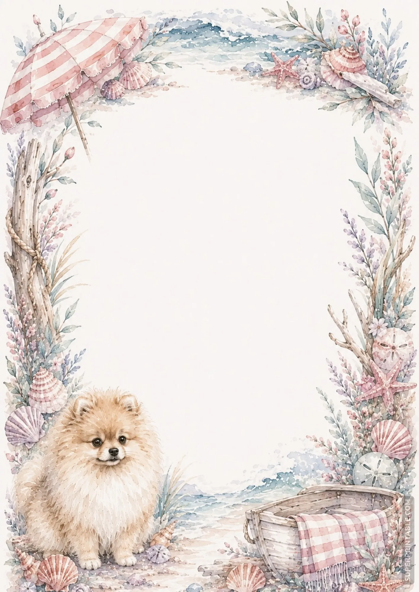 Fluffy Pomeranian dog on a sandy beach near a striped beach umbrella and seashells.