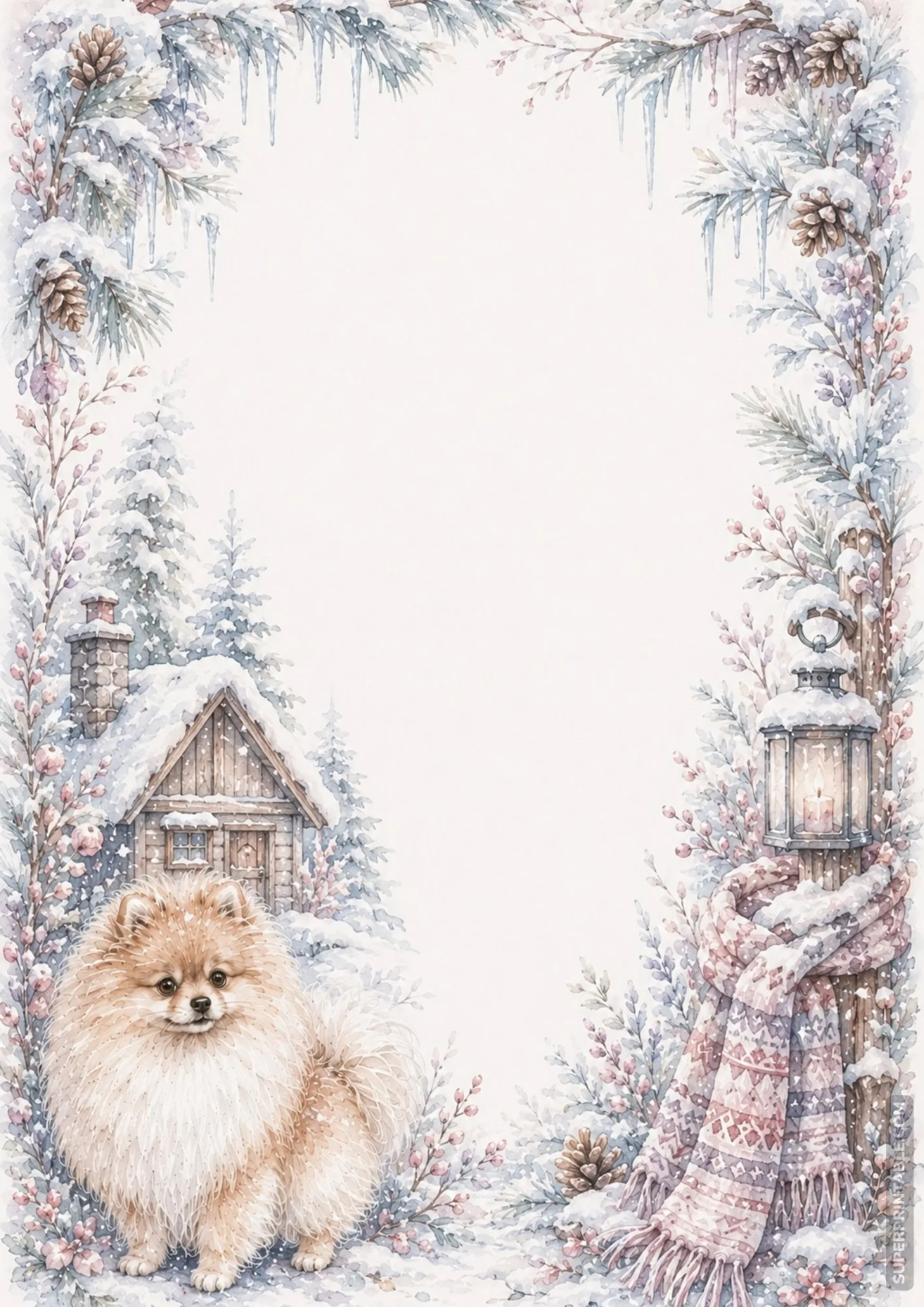 Pomeranian sitting in snow near a cozy wooden cottage, lantern, and frosted pine trees.