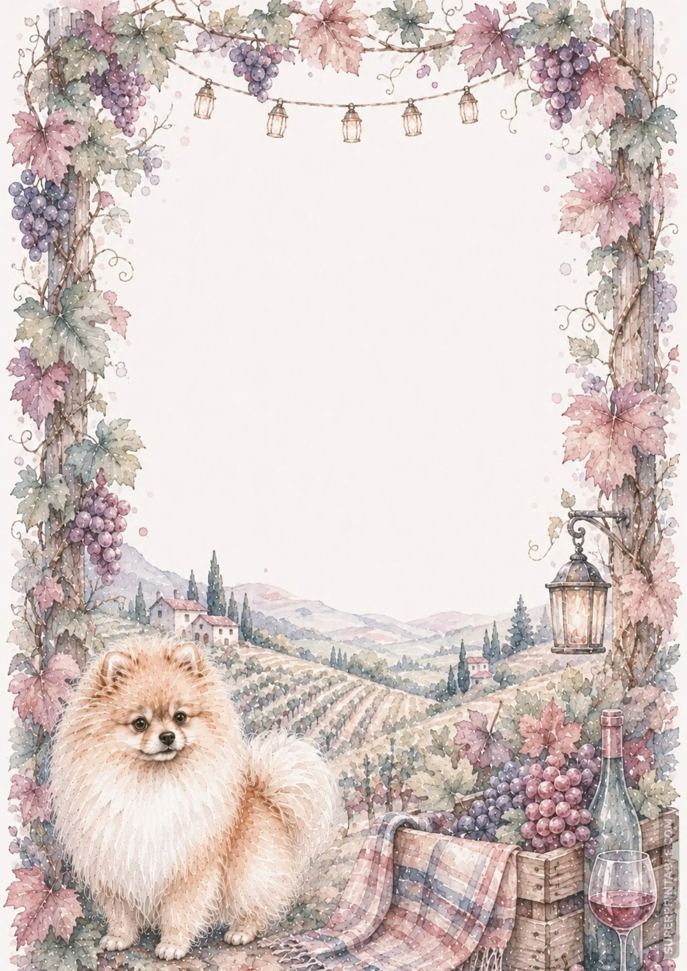 Cute Pomeranian dog in front of vineyard hills framed with grapevines, wine bottle, and glass.