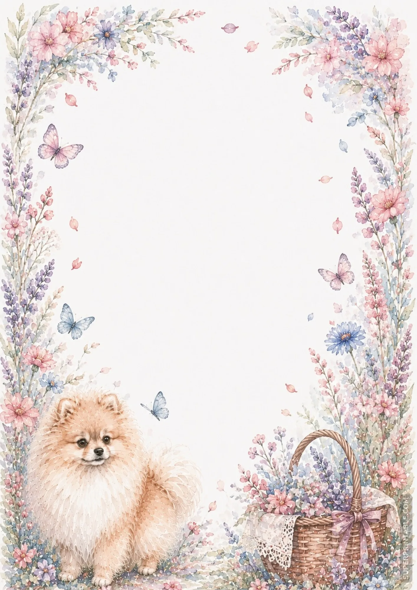 Fluffy Pomeranian in a spring garden with fluttering butterflies and a flower basket.