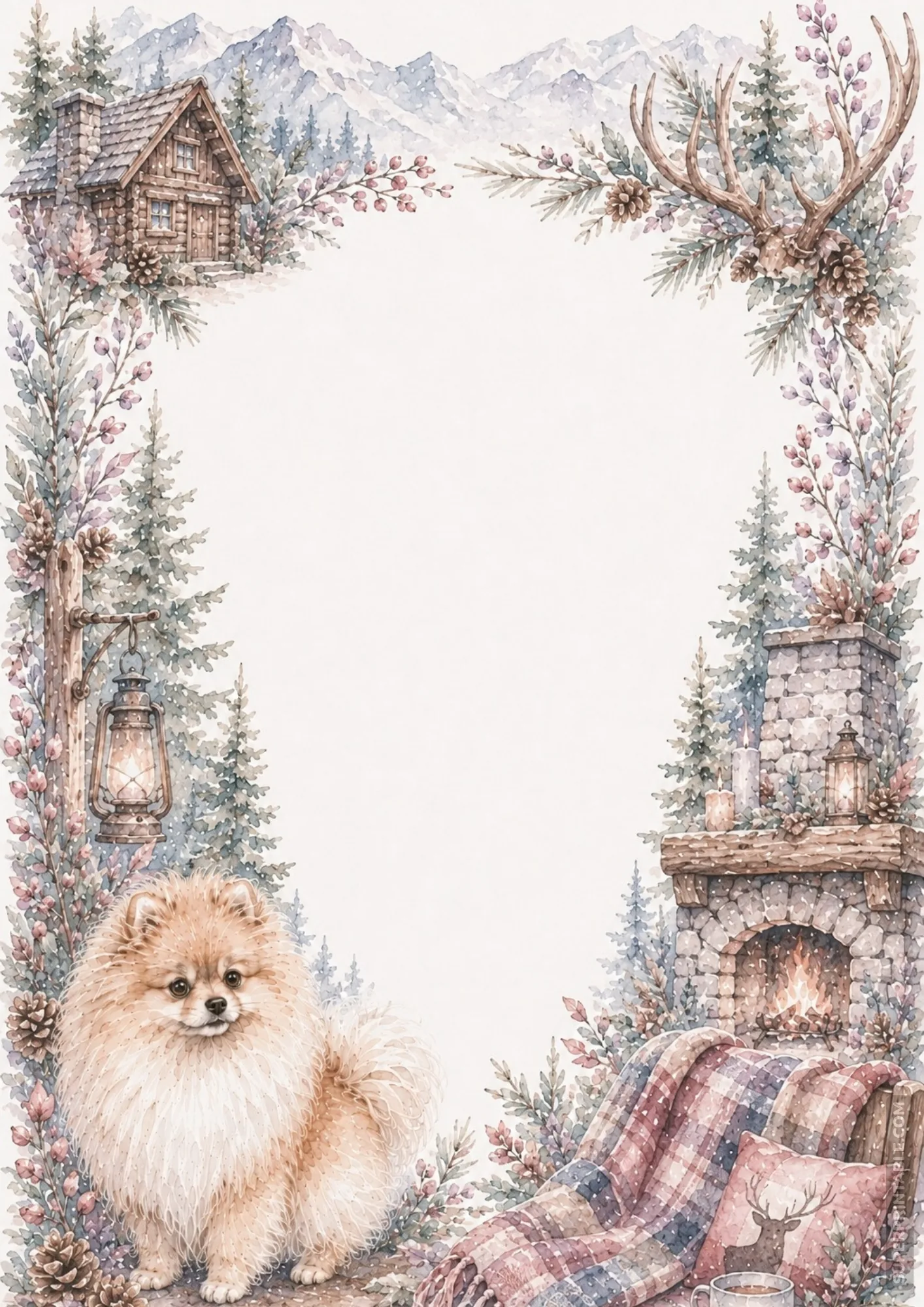 Pomeranian sitting beside a cozy stone fireplace, plaid blanket, and snow-covered cabin.