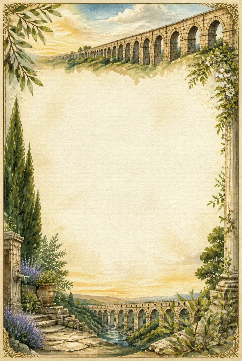 Pont du Gard aqueduct watercolor border with cypress trees, lavender, and stone fountain.