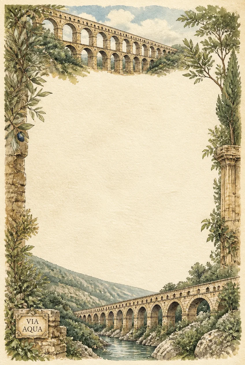 Pont du Gard Roman aqueduct page border framed by olive trees and ancient stone columns.