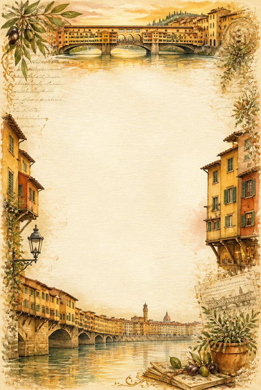 Ponte Vecchio Arno River sunset page border with Italian buildings and olive branches.