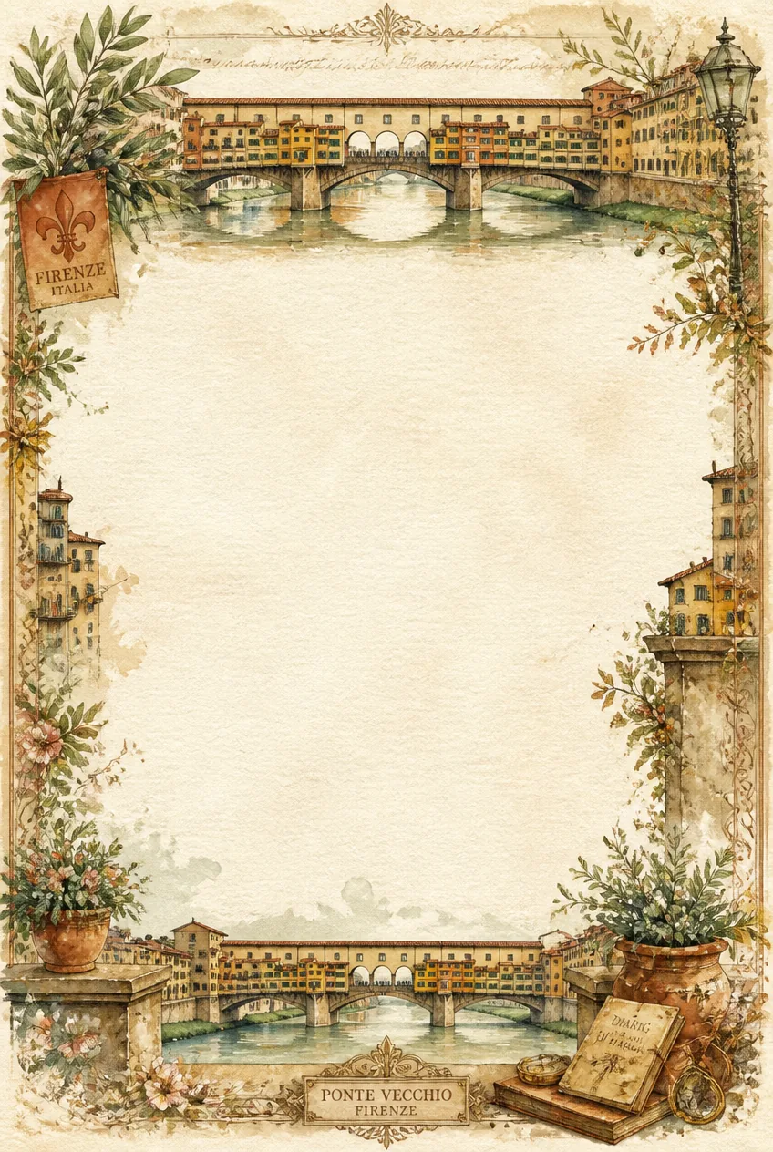 Ponte Vecchio Florence page border with medieval covered bridge art and Florentine crest.