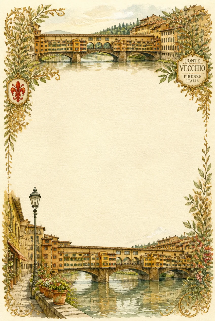 Florentine watercolor page border featuring Ponte Vecchio bridge and gold ornate filigree.