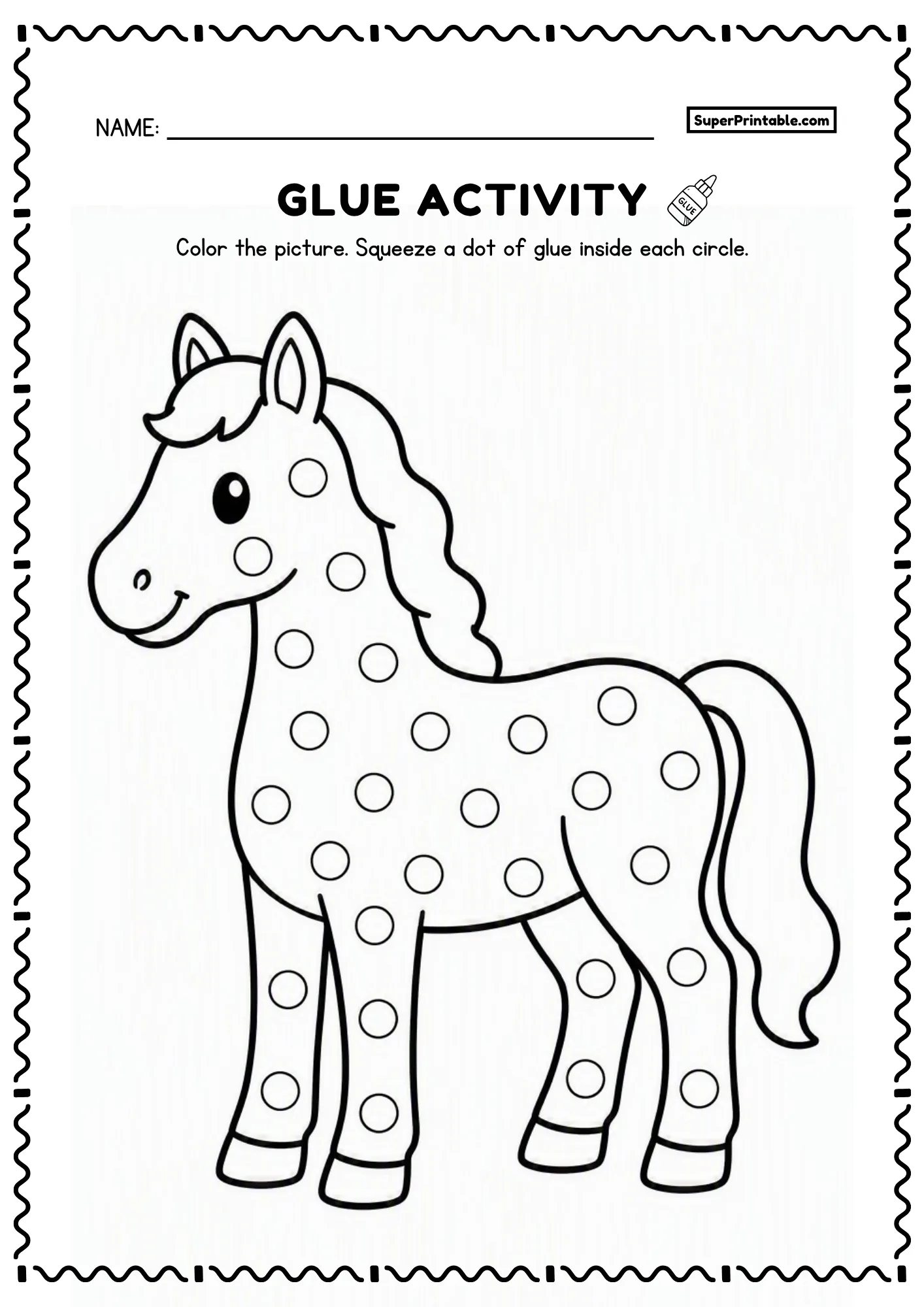 Friendly pony horse printable glue worksheet with mane and tail and dot circles for kids