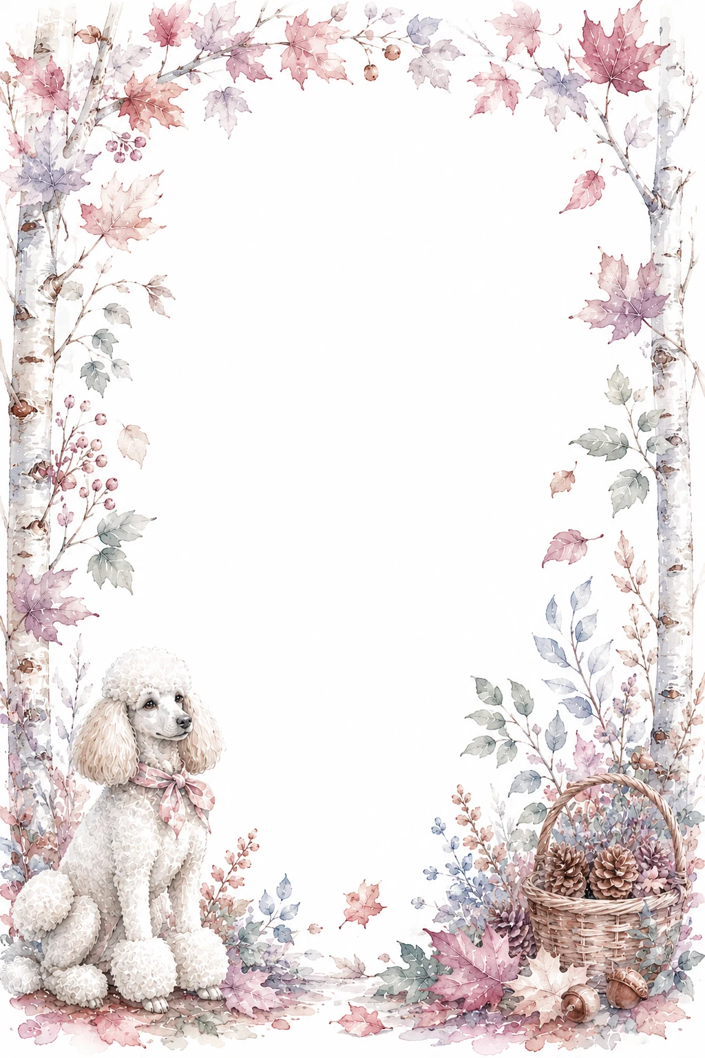Watercolor border page featuring a Poodle in a autumn setting, with a blank center and no text or watermark.