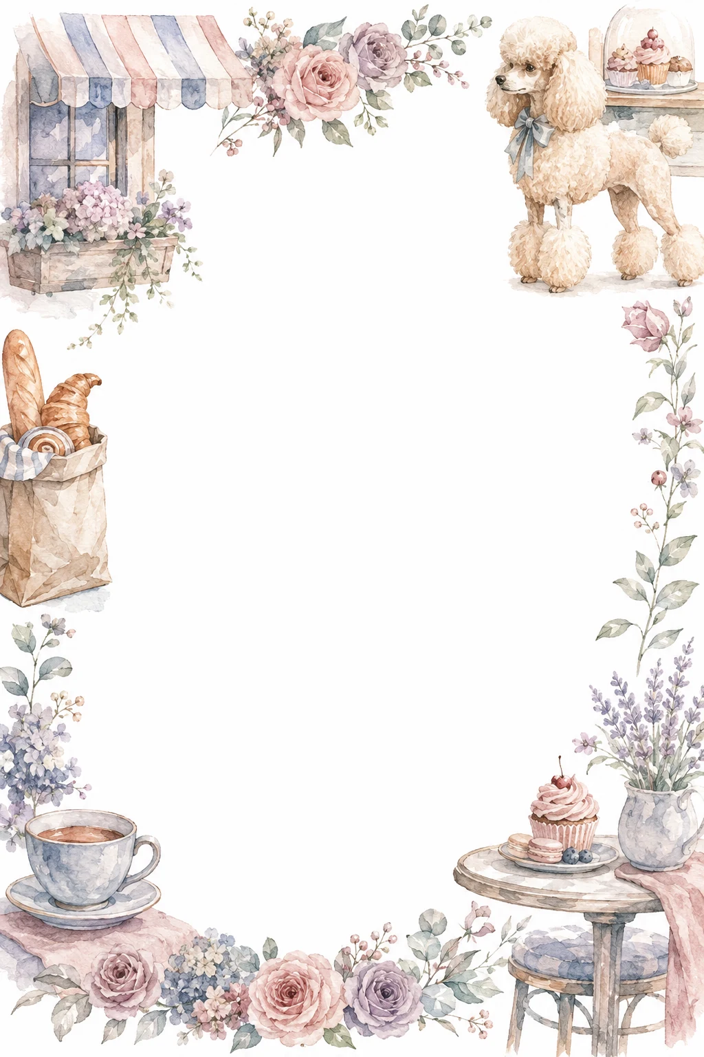 Watercolor border page featuring a Poodle in a bakery setting, with a blank center and no text or watermark.