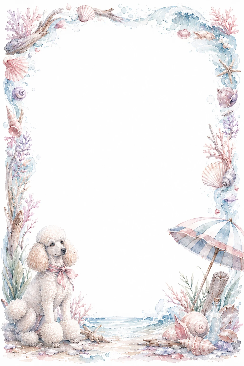 Watercolor border page featuring a Poodle in a beach setting, with a blank center and no text or watermark.