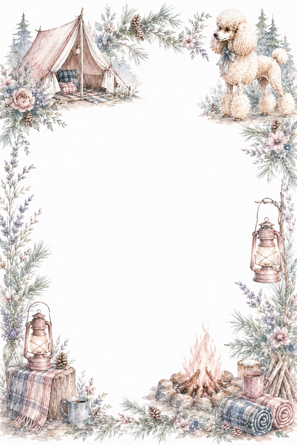 Watercolor border page featuring a Poodle in a camping setting, with a blank center and no text or watermark.