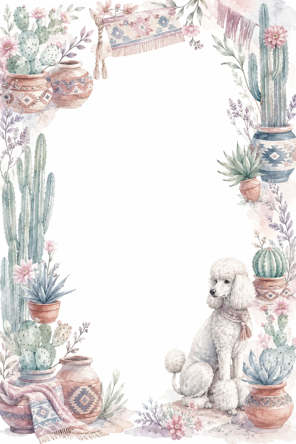 Watercolor border page featuring a Poodle in a desert setting, with a blank center and no text or watermark.