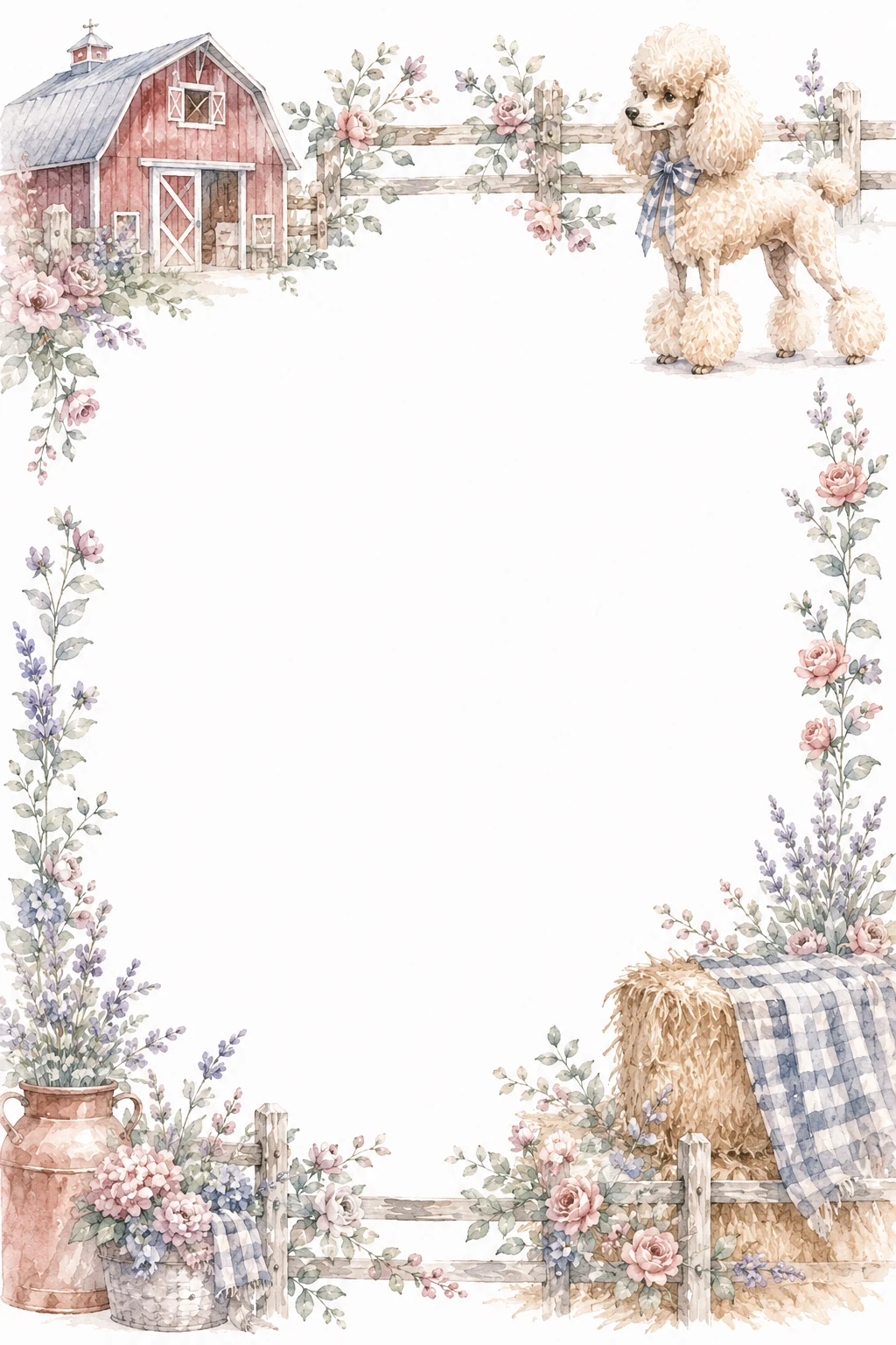Watercolor border page featuring a Poodle in a farmhouse setting, with a blank center and no text or watermark.