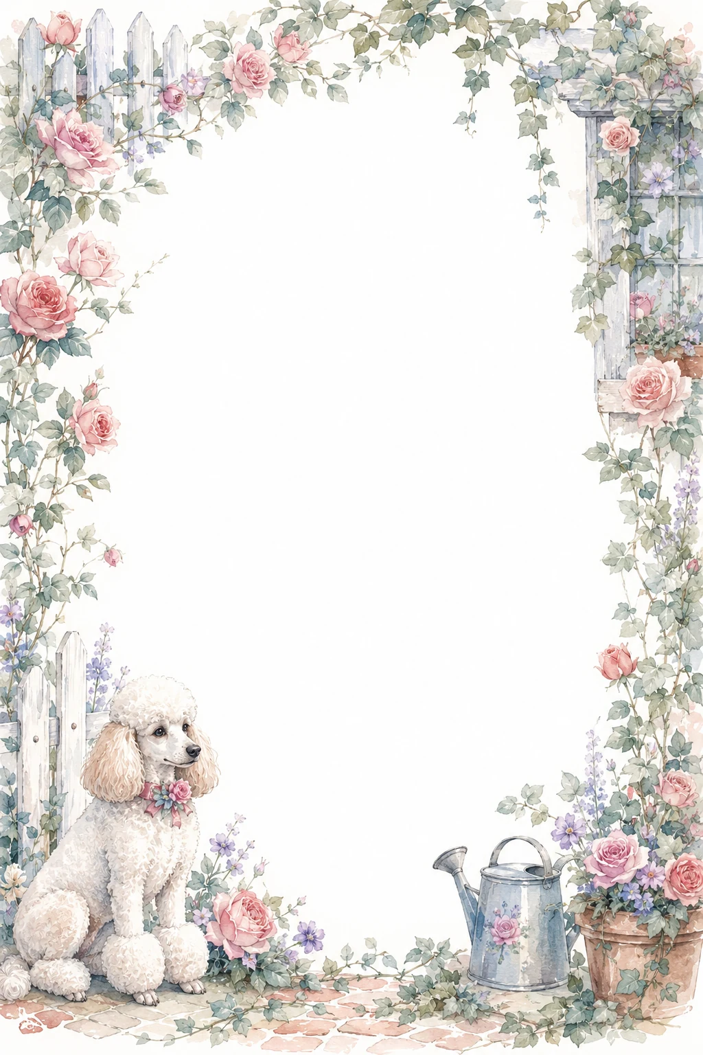 Watercolor border page featuring a Poodle in a garden setting, with a blank center and no text or watermark.