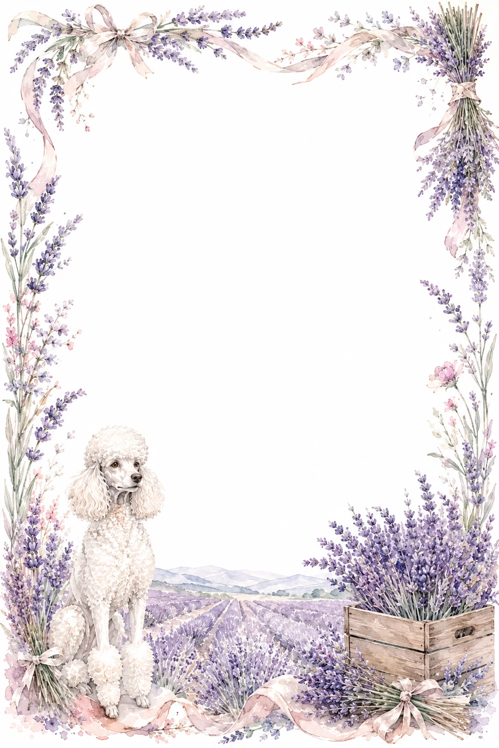 Watercolor border page featuring a Poodle in a lavender field setting, with a blank center and no text or watermark.