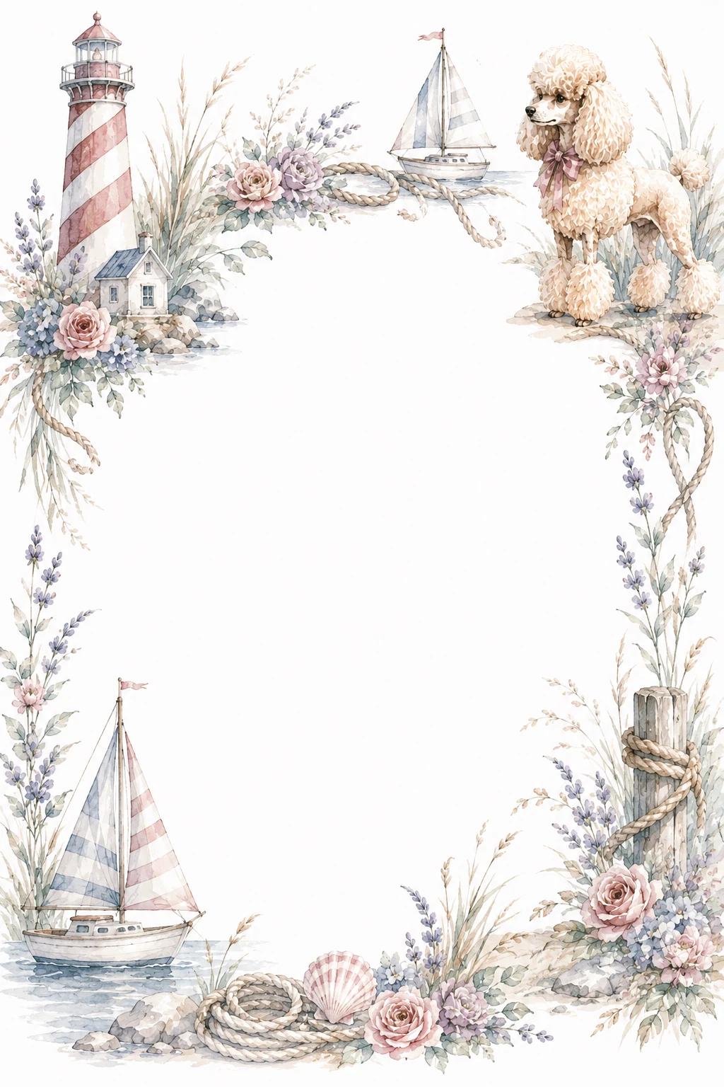 Watercolor border page featuring a Poodle in a lighthouse setting, with a blank center and no text or watermark.