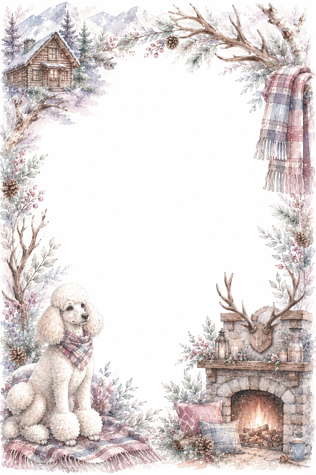 Watercolor border page featuring a Poodle in a mountain lodge setting, with a blank center and no text or watermark.