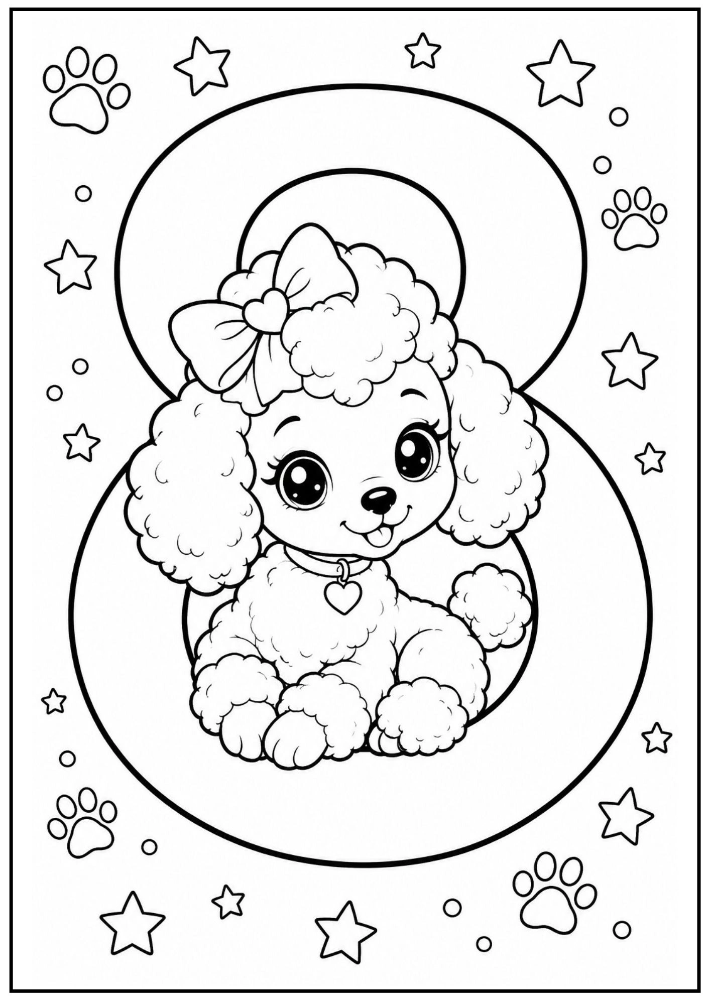 Fluffy poodle puppy wearing a heart collar nestled inside a big double-loop number eight.