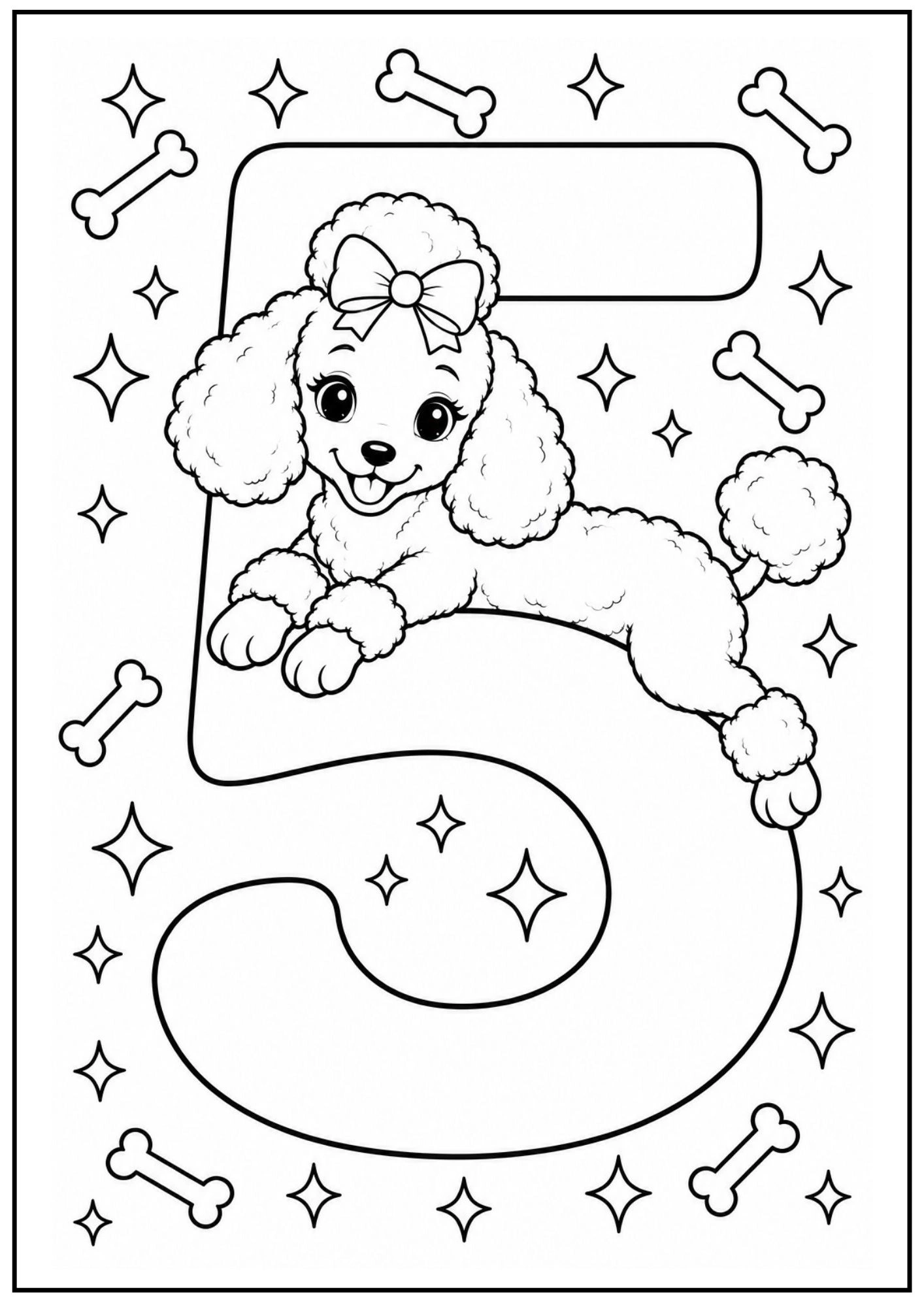 poodle numbers coloring pages showing a fluffy puppy lounging across a big number five line art.
