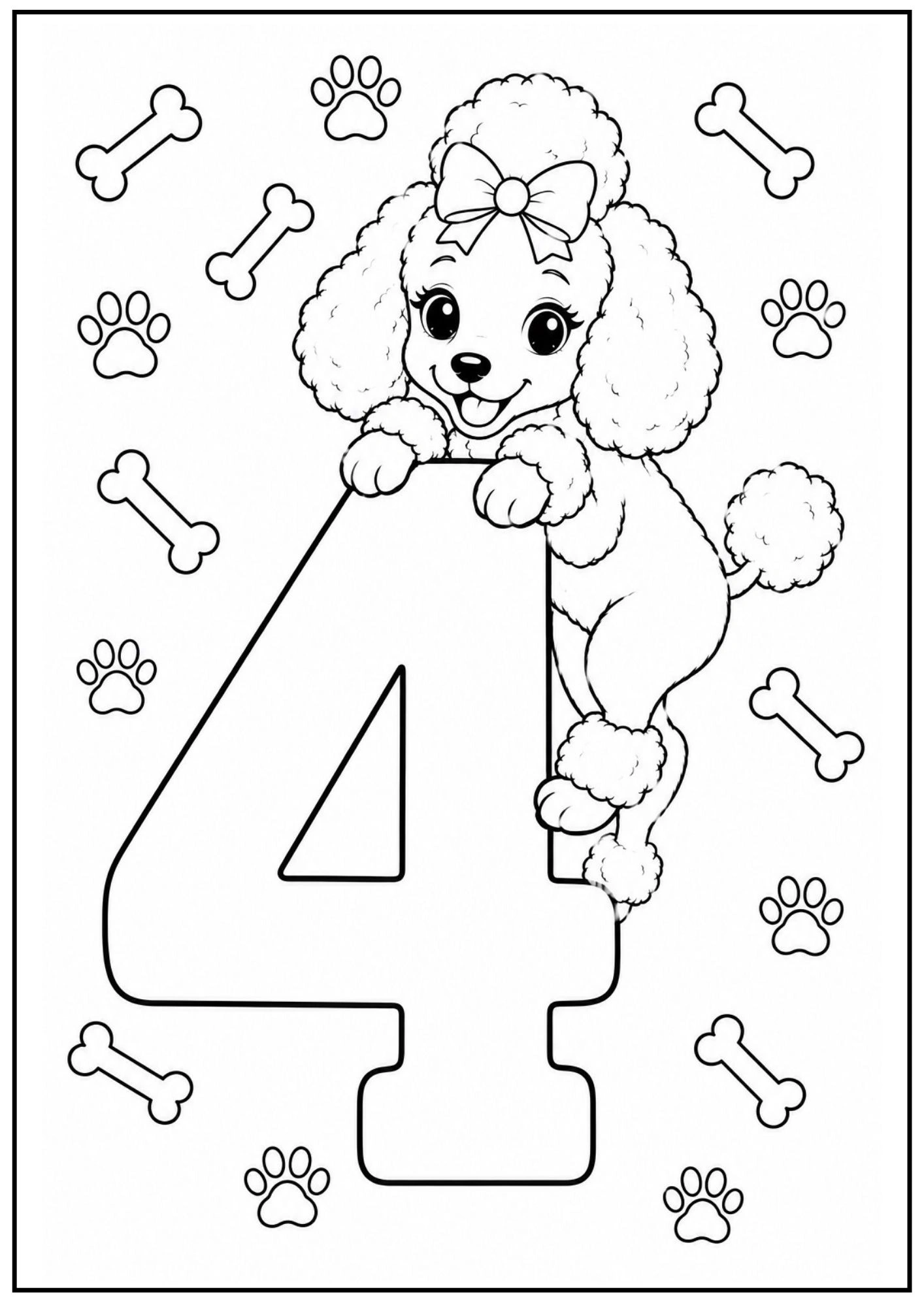 Happy poodle puppy climbing the side of a large number four line art drawing for kids.