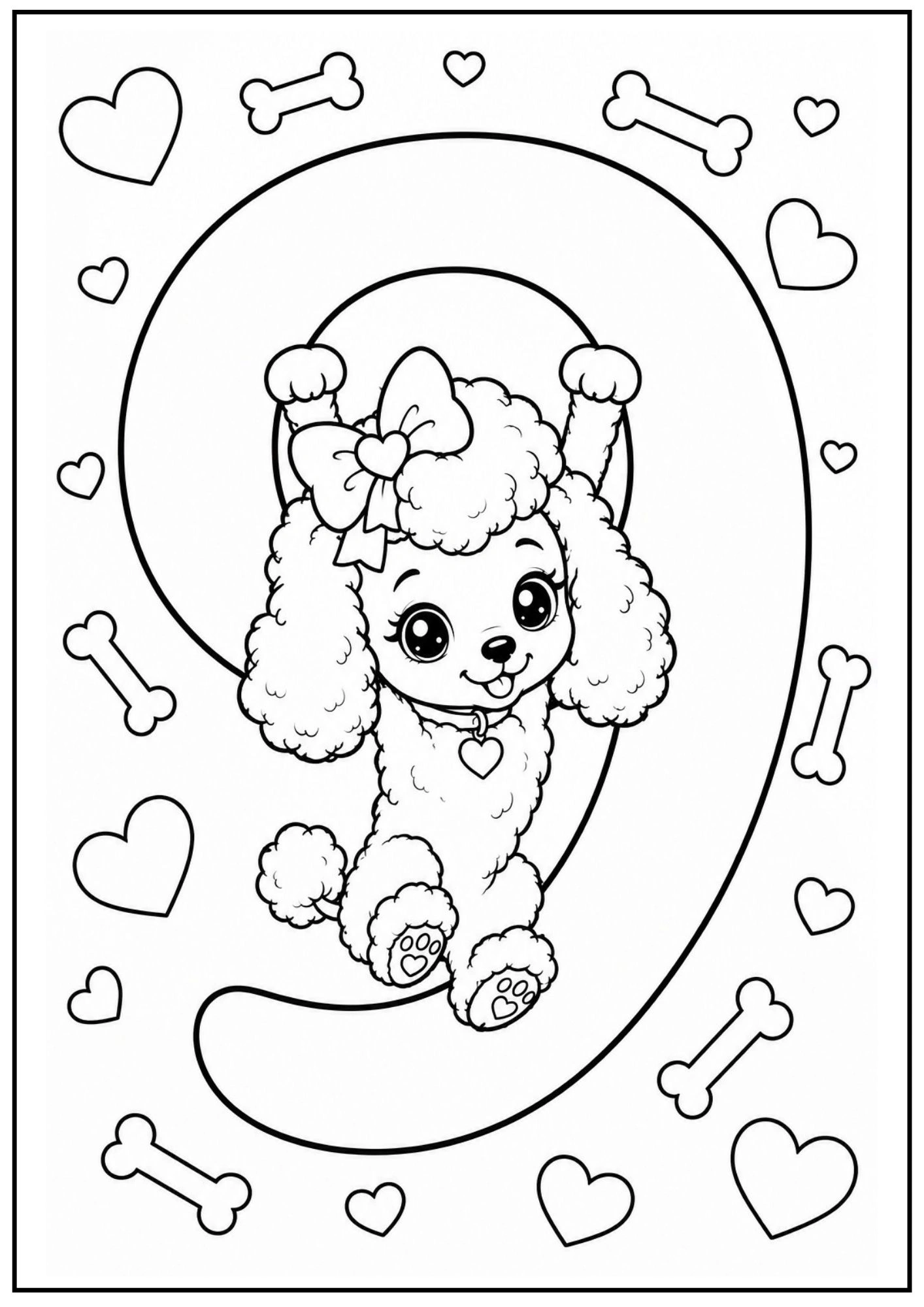 Joyful poodle puppy clinging to the top loop of a large number nine outlined drawing.