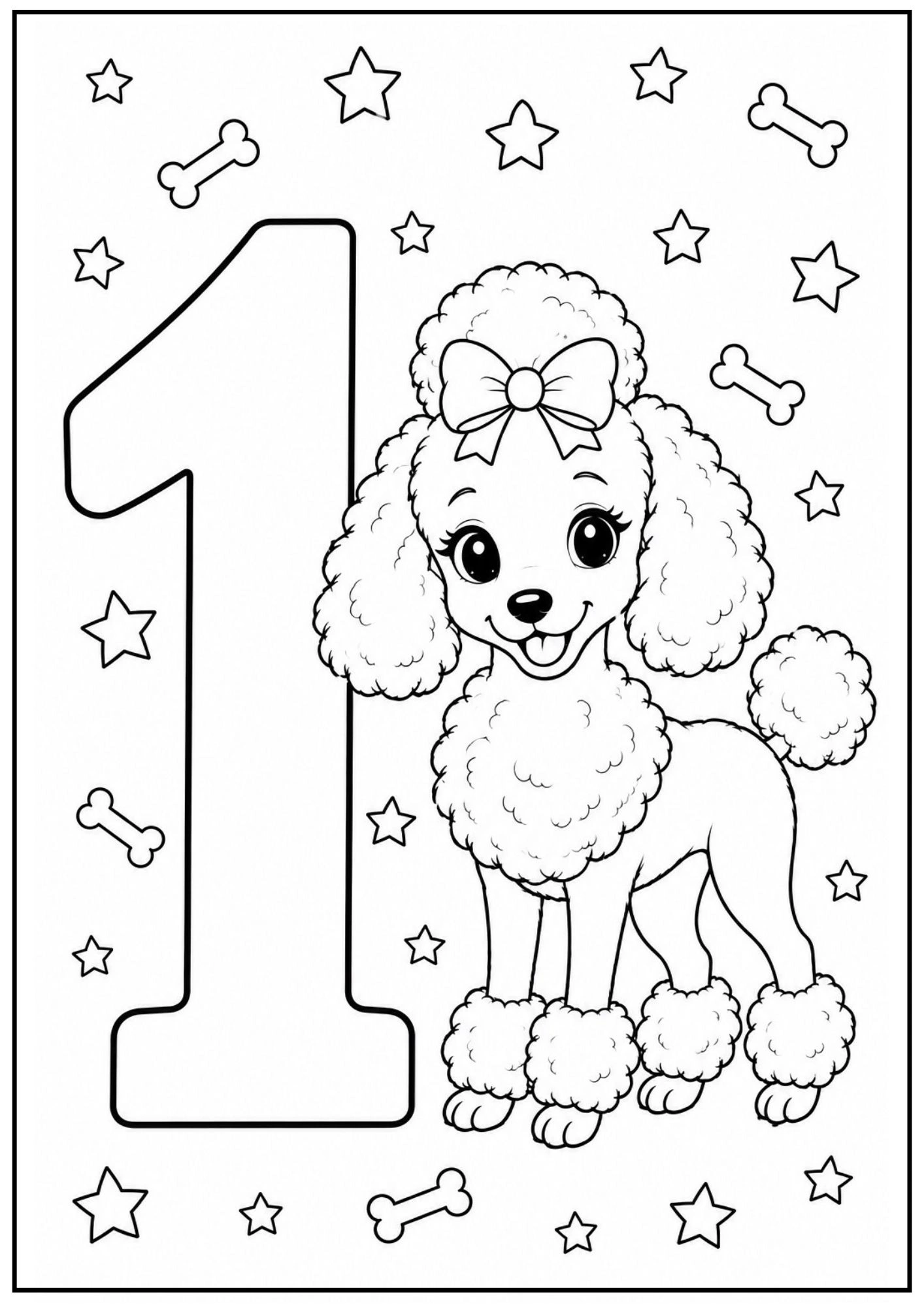 poodle numbers coloring pages featuring a standing poodle with a hair bow next to number one.