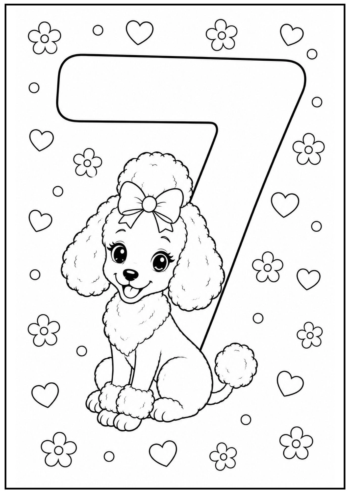 Smiling poodle puppy sitting in front of a giant number seven with floral patterns and hearts.