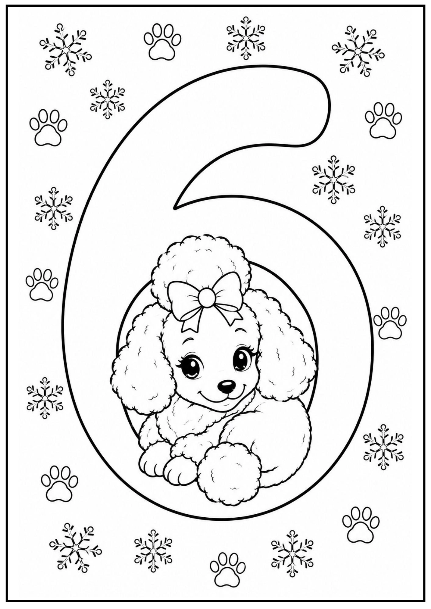 Cute poodle curled up comfortably inside the bottom loop of a big number six with snowflakes.