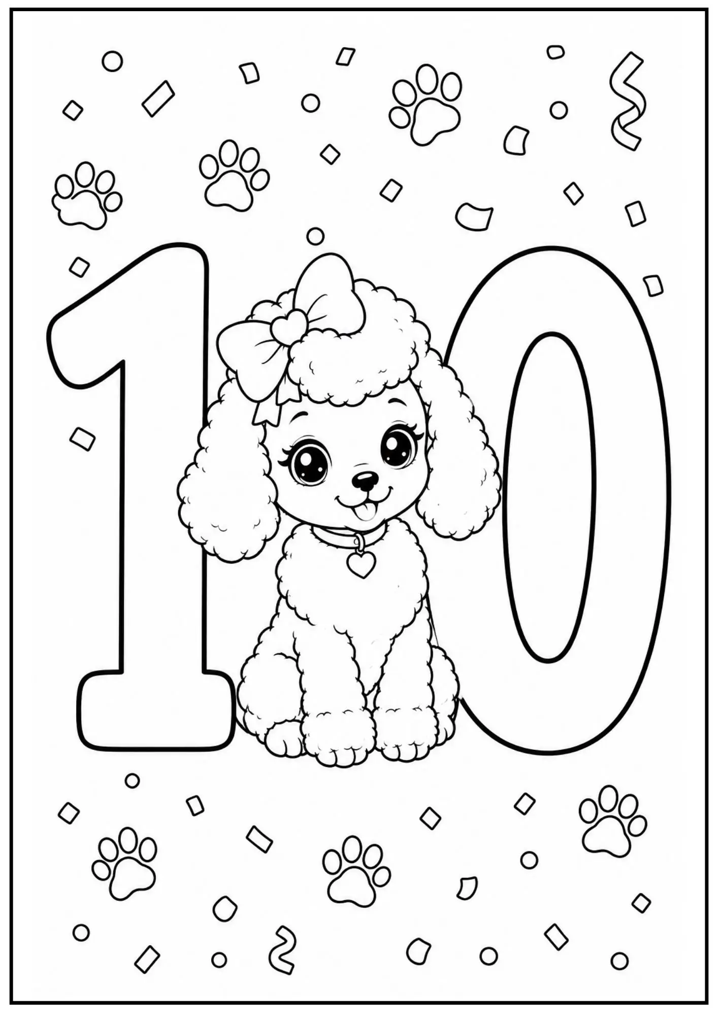 Cheerful poodle sitting between digits one and zero of number ten surrounded by confetti.