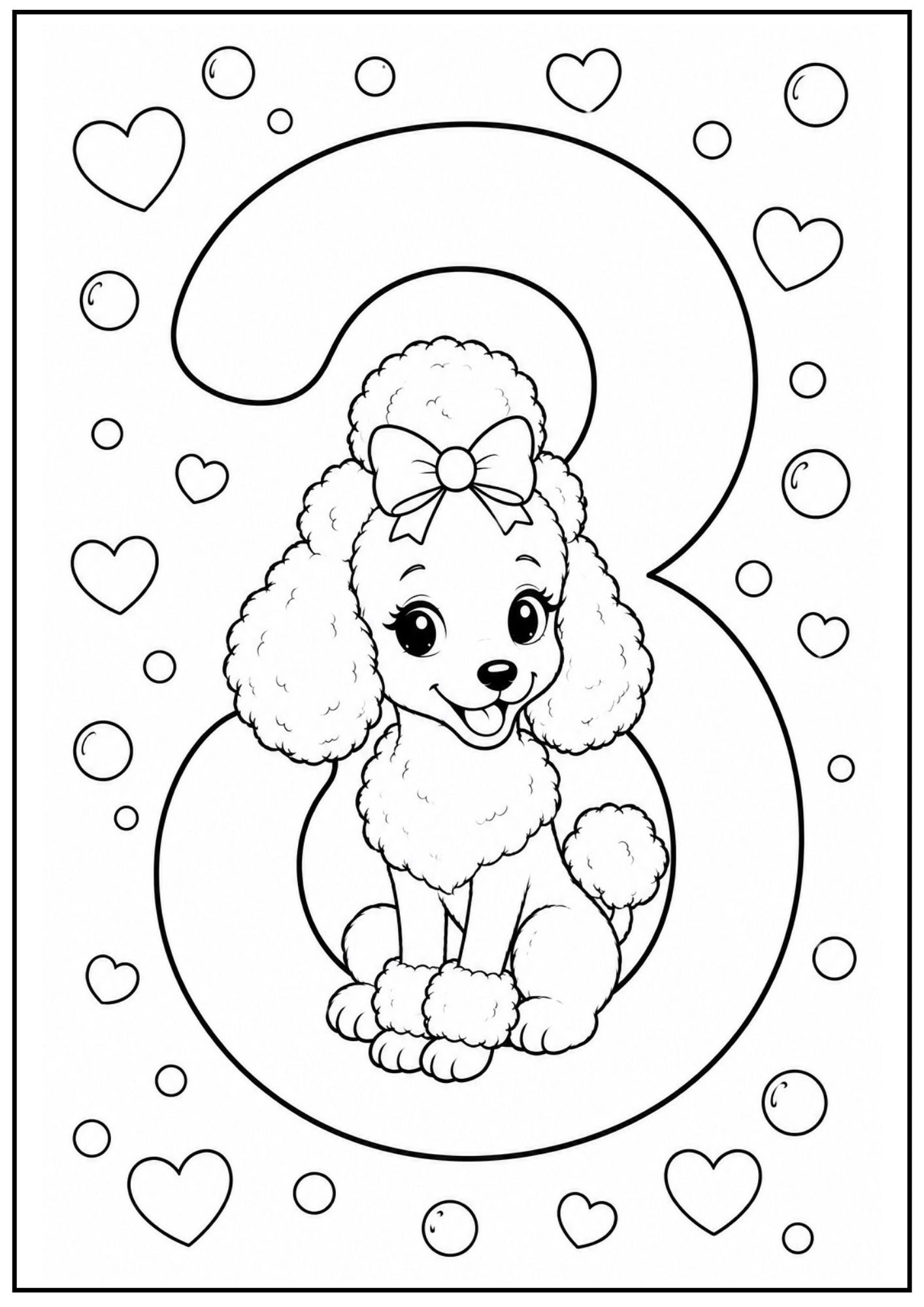 Sweet poodle puppy sitting inside a big number three framed by floating heart shapes and bubbles.