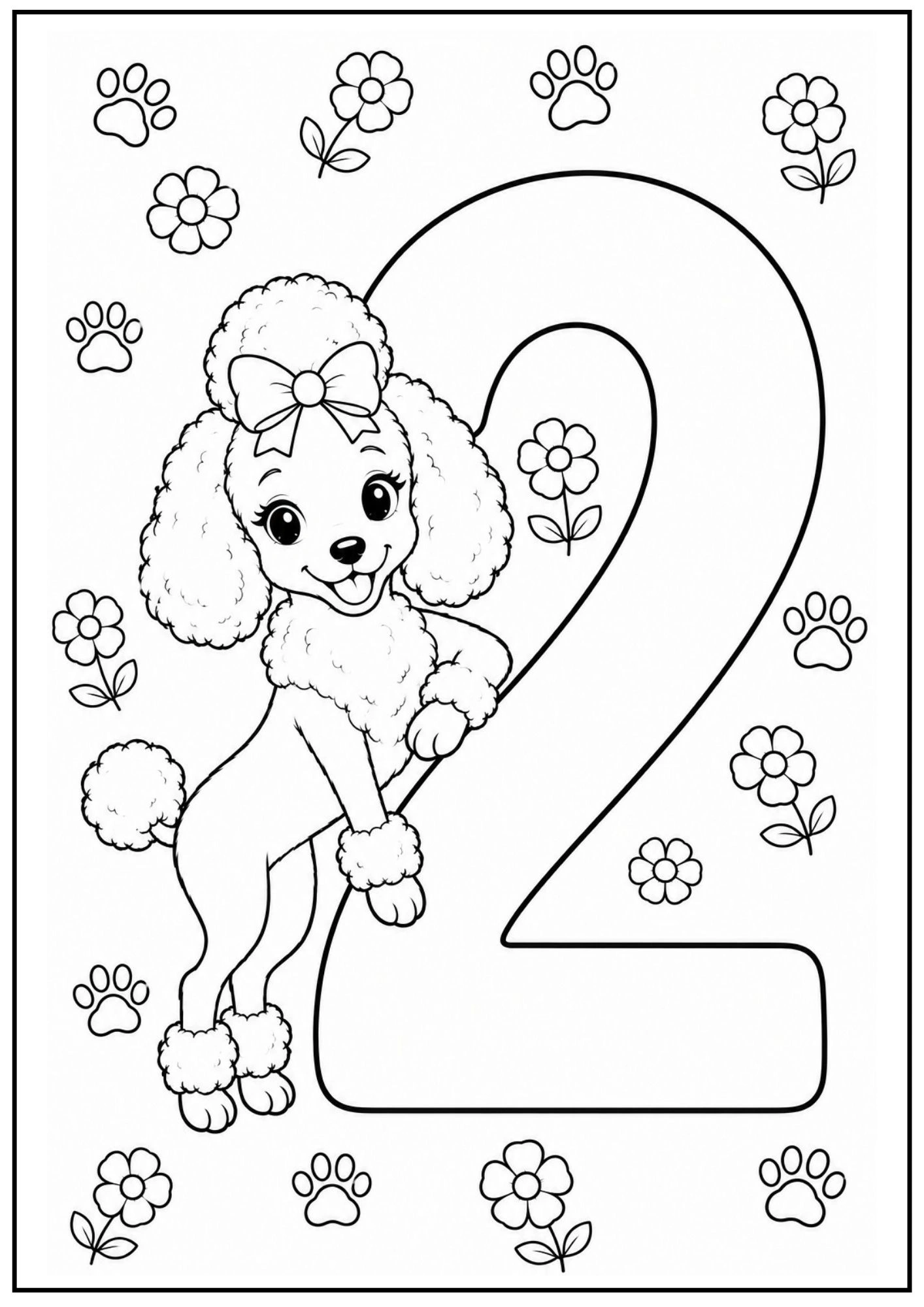Playful poodle puppy leaning against a huge number two surrounded by simple flowers and paws.