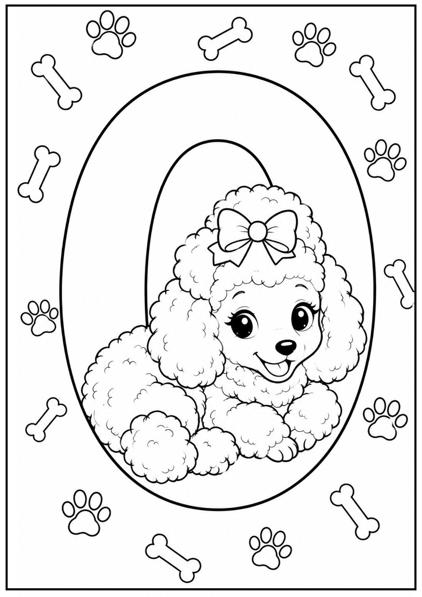 Cute cartoon poodle puppy lying inside a large number zero outline with bones and paw prints.