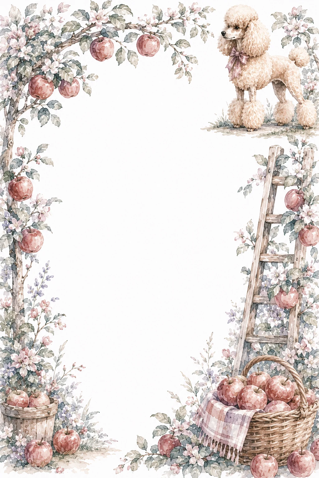 Watercolor border page featuring a Poodle in a orchard setting, with a blank center and no text or watermark.