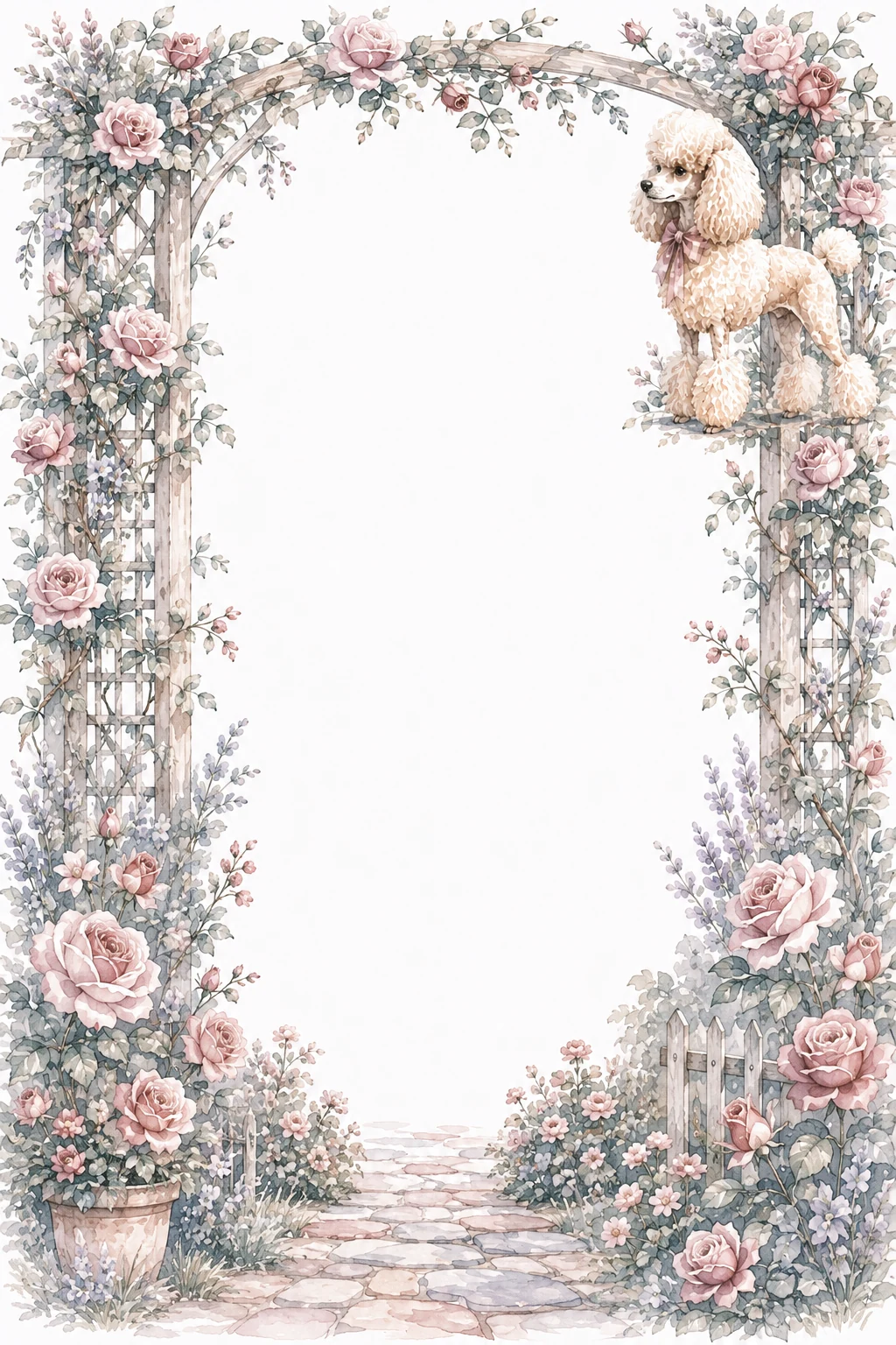 Watercolor border page featuring a Poodle in a rose trellis setting, with a blank center and no text or watermark.