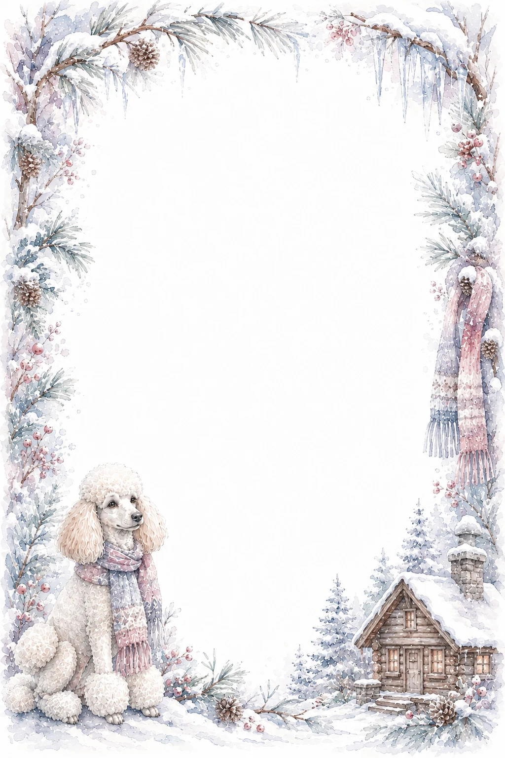 Watercolor border page featuring a Poodle in a snow cabin setting, with a blank center and no text or watermark.