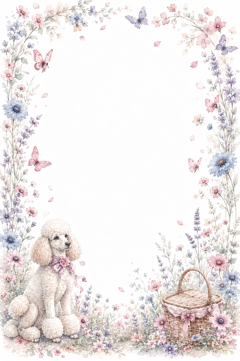 Watercolor border page featuring a Poodle in a spring meadow setting, with a blank center and no text or watermark.