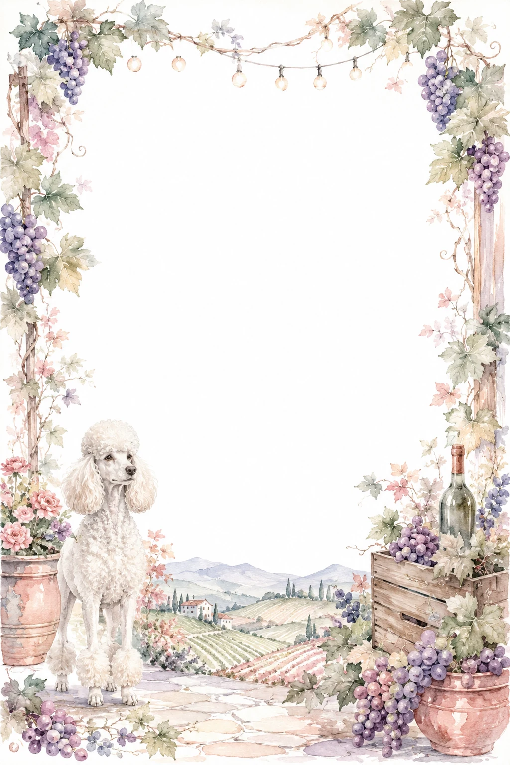 Watercolor border page featuring a Poodle in a vineyard setting, with a blank center and no text or watermark.