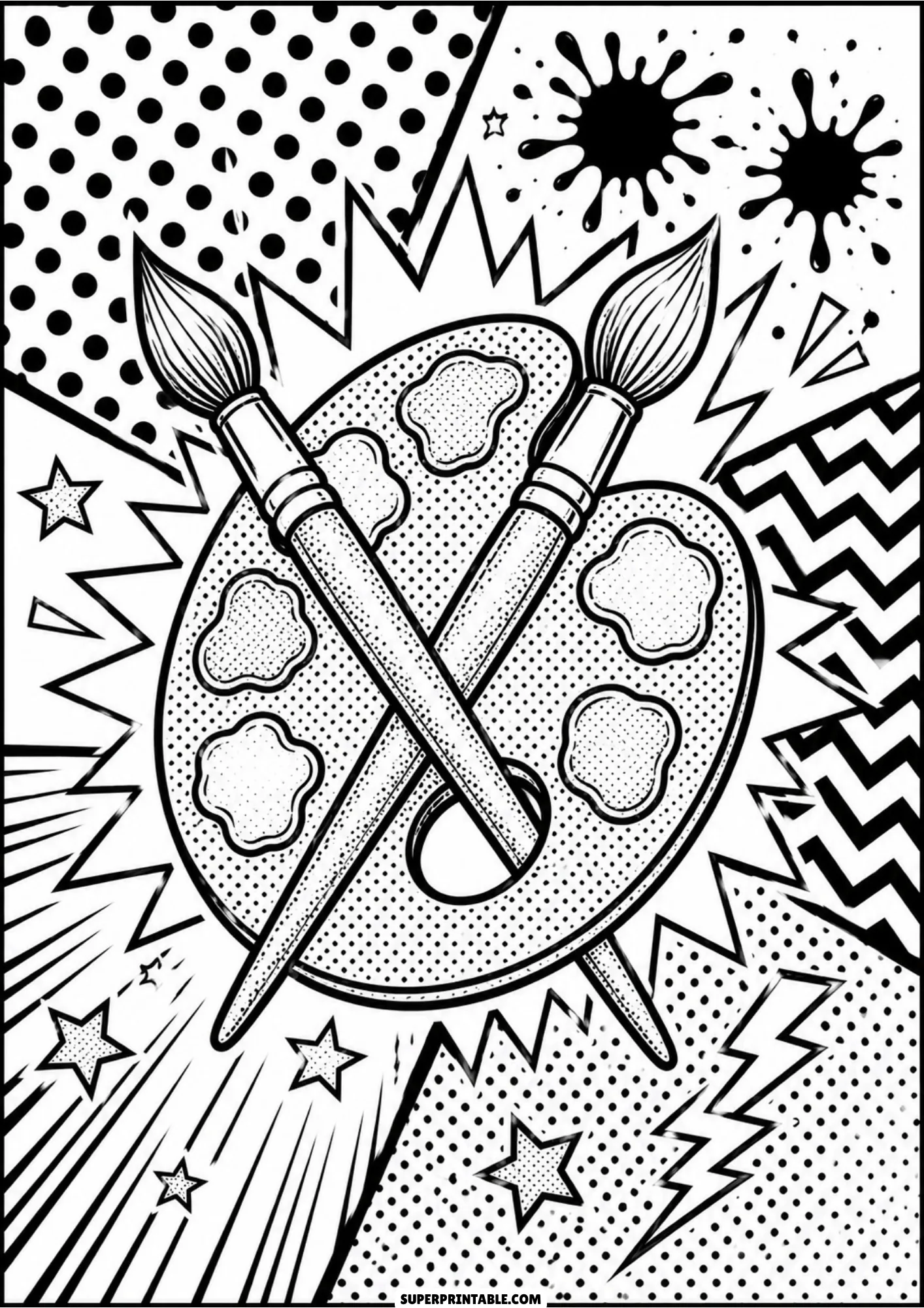 Artist paint palette with crossed paintbrushes and paint splatters in comic pop art style.