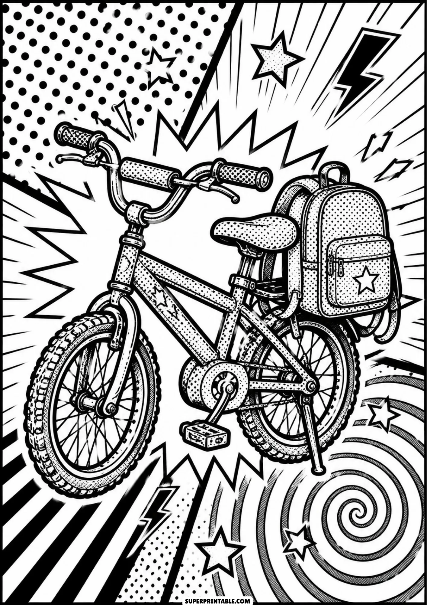 Bicycle carrying a backpack on rear rack surrounded by pop art lightning bolts and spiral swirl.