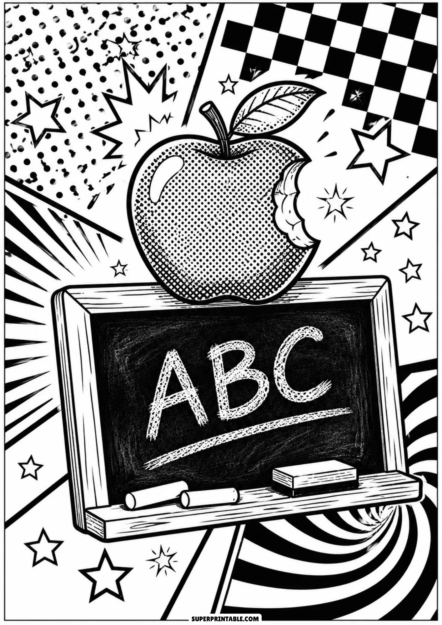Bitten apple on a chalkboard with ABC lettering decorated with pop art checkerboard background.