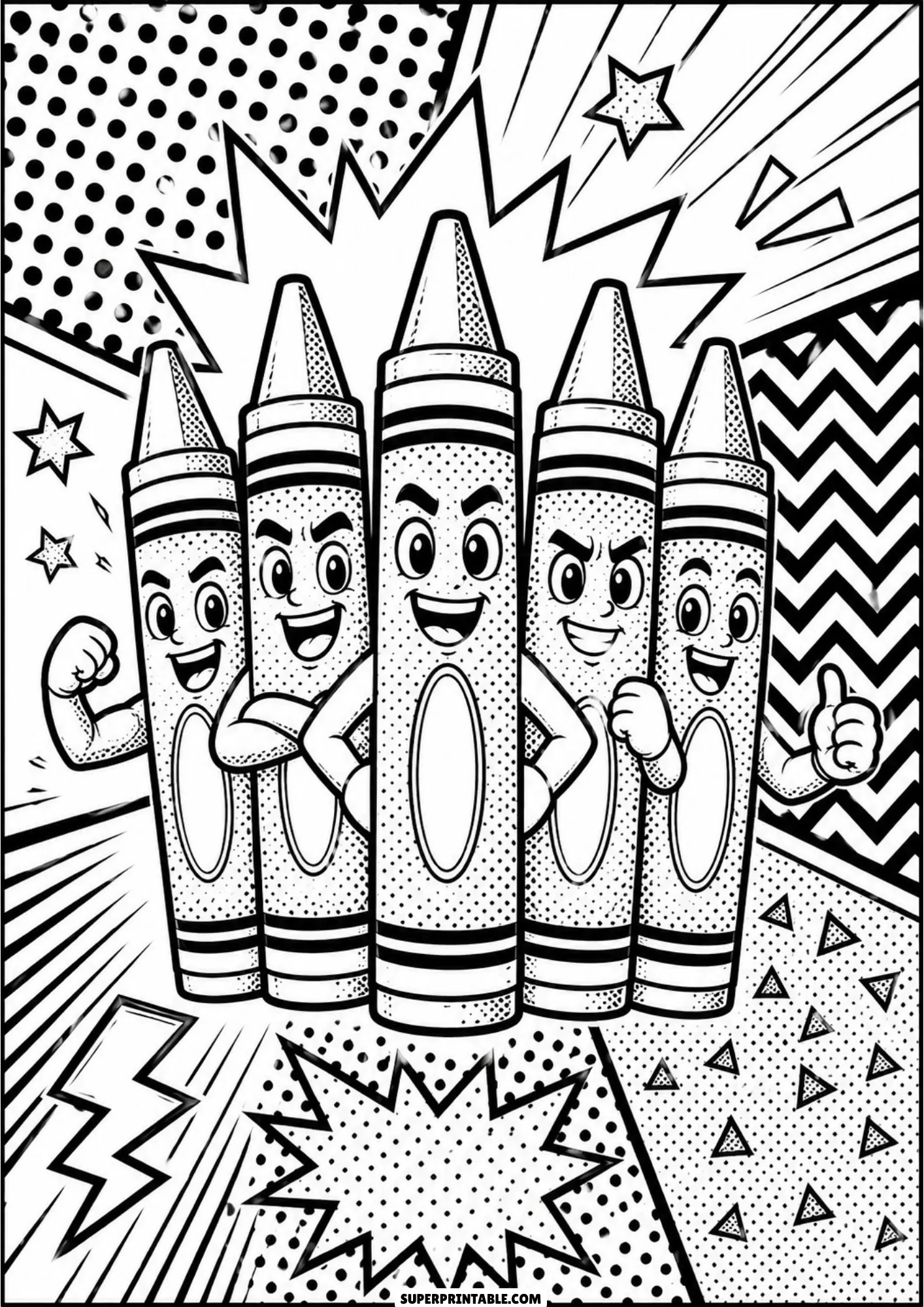 Group of five cartoon crayon characters with smiling faces and thumbs up in comic book art style.