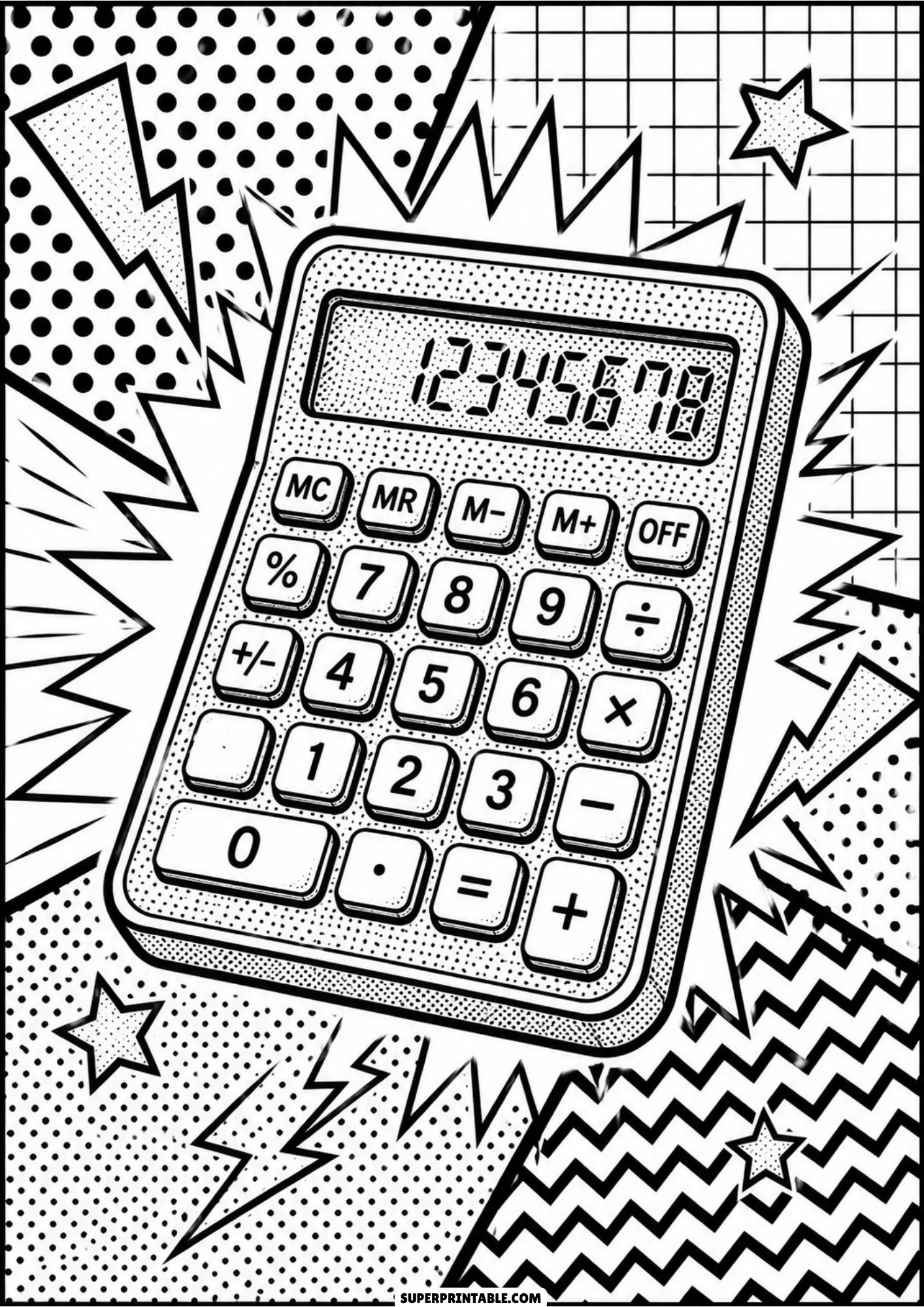 Digital calculator showing numbers on screen set against graph paper grid and comic pop art accents.