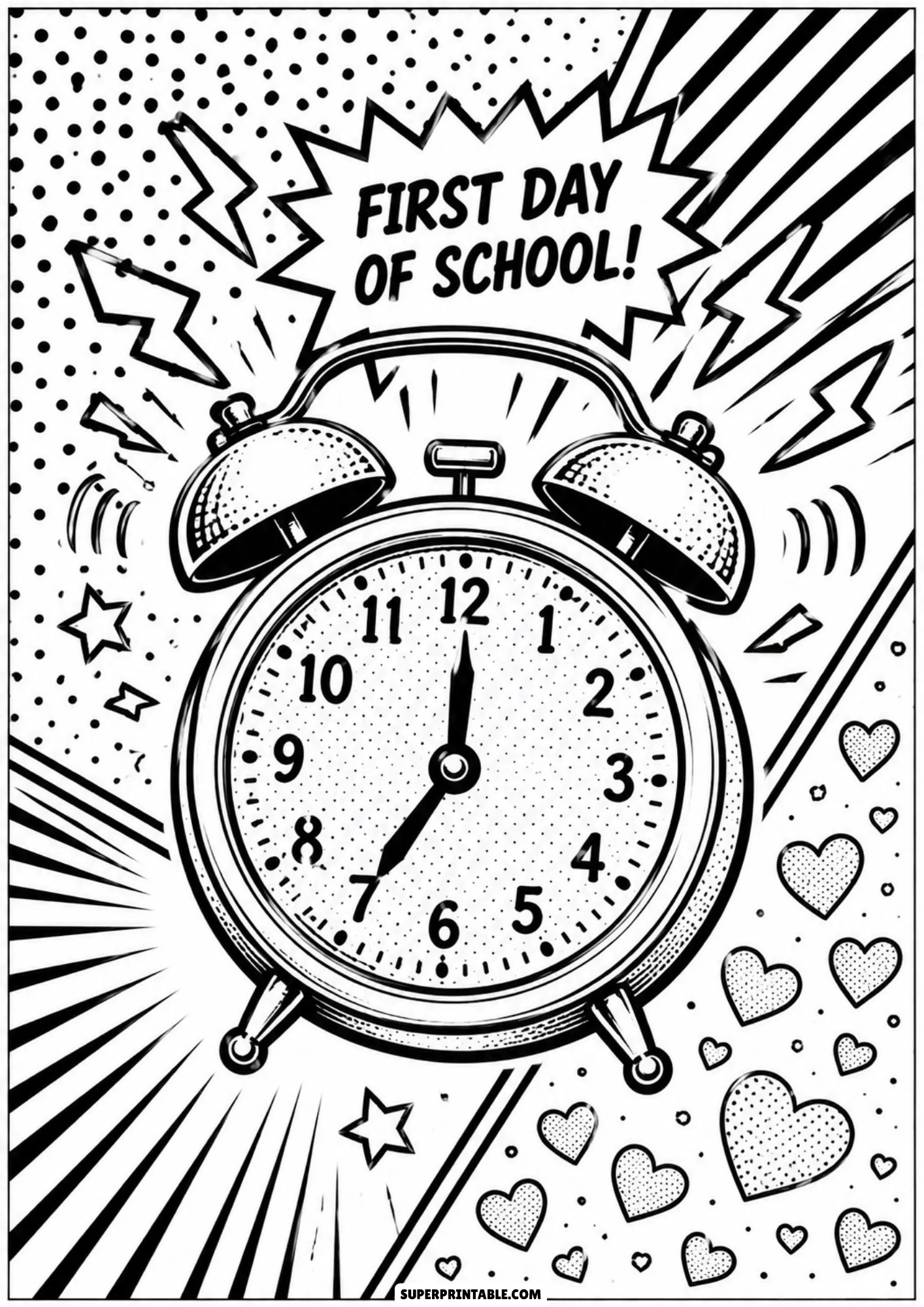 Vintage twin bell alarm clock with First Day of School text banner and pop art heart pattern.
