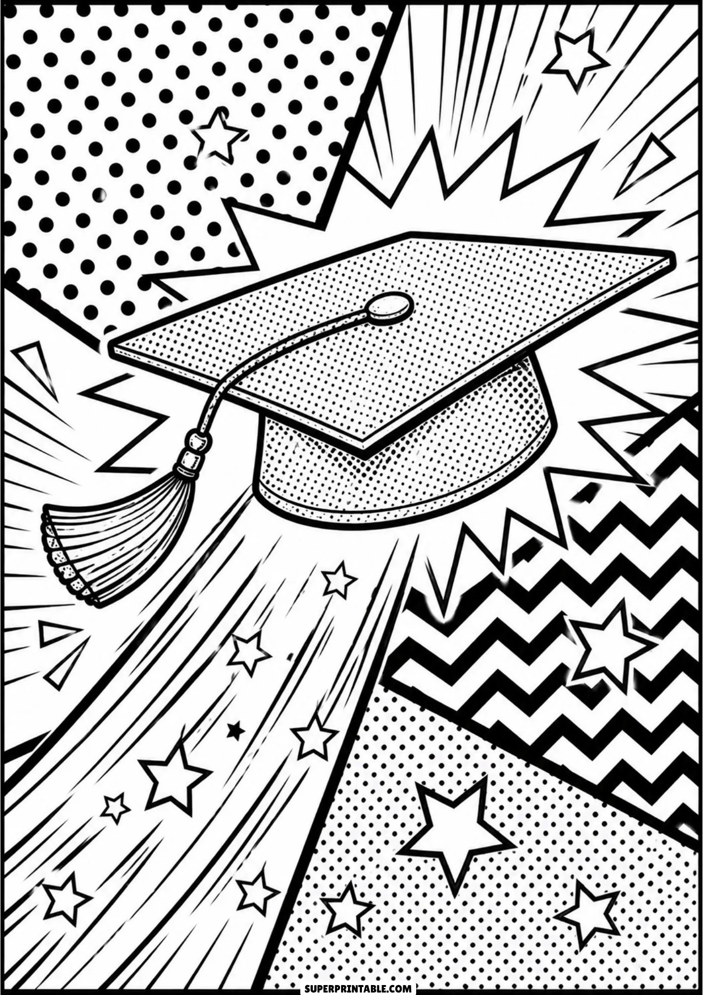 Academic graduation cap with tassel flying high in dynamic comic starburst and speed line background.