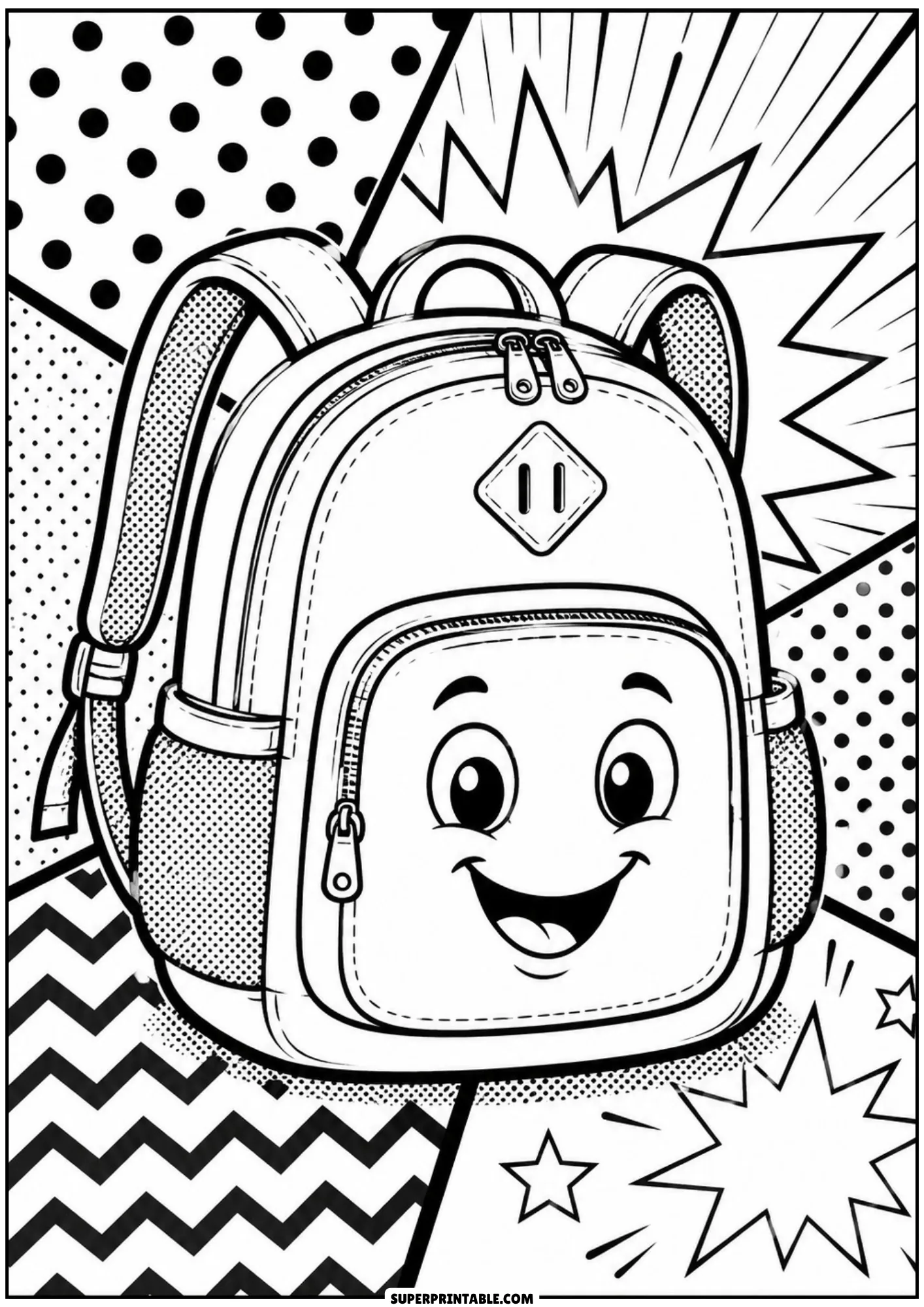 Front view of a happy smiling school backpack with padded straps and pop art halftone background.