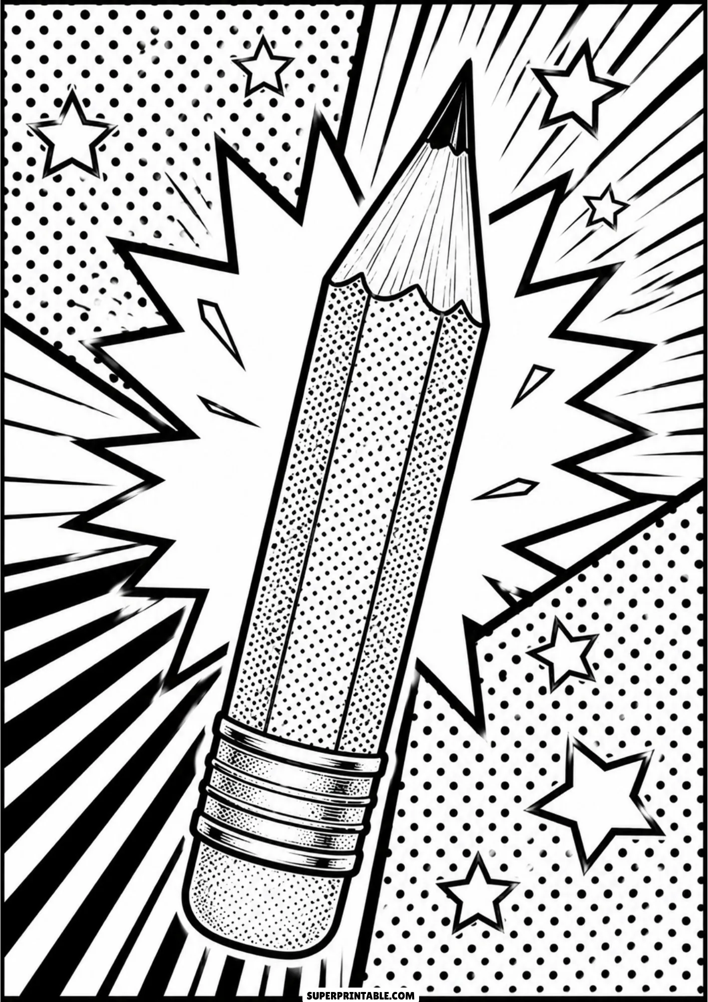 Giant sharpened pencil with eraser framed by explosive starburst rays and halftone patterns.