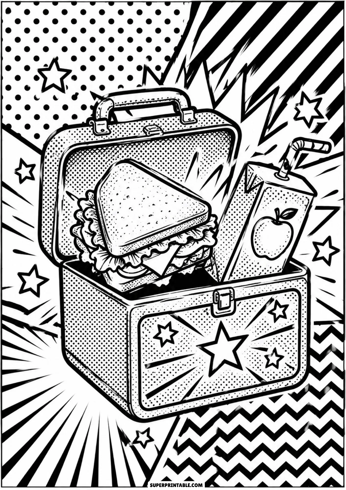 Open school lunchbox with a sandwich and apple juice box styled with comic book pop art graphics.